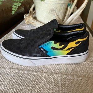Boys Vans flame/checkerboard slip on shoe.  Barely worn, Size 4.5